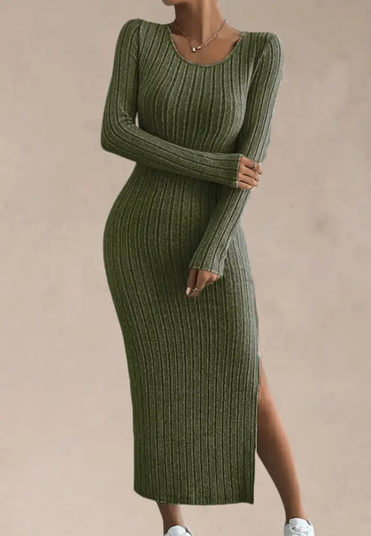 Khaki sukienka dzianinowa maxi z rozcięciem i długim rękawem