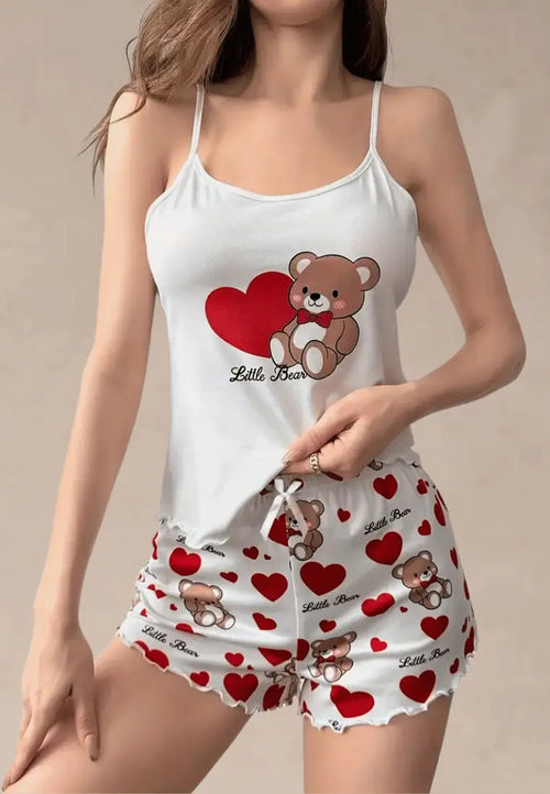 Biały komplet piżamowy damski z topem na ramiączkach i szortami w misie