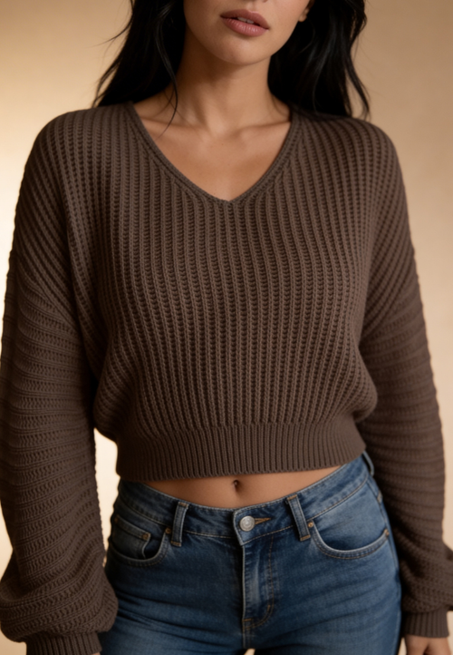 Brązowy sweter damski oversize z dekoltem V