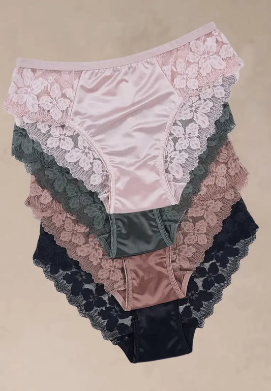 Zestaw 4 szt. figi majtki damskie koronkowe satynowa pudrowe, zielone, różowe i czarne