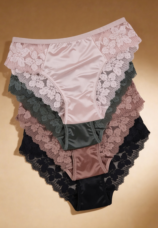 Zestaw 4 szt. figi majtki damskie koronkowe satynowe pudrowe, zielone, różowe i czarne