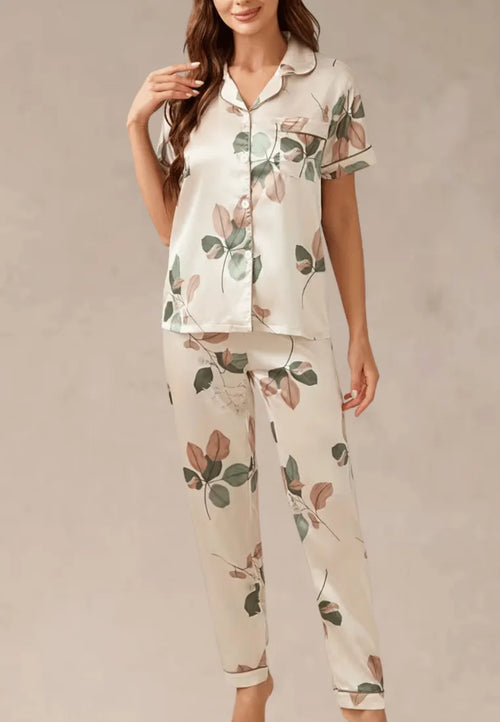 Kremowy komplet piżamowy damski z krótkim rękawem i długimi spodniami w liście