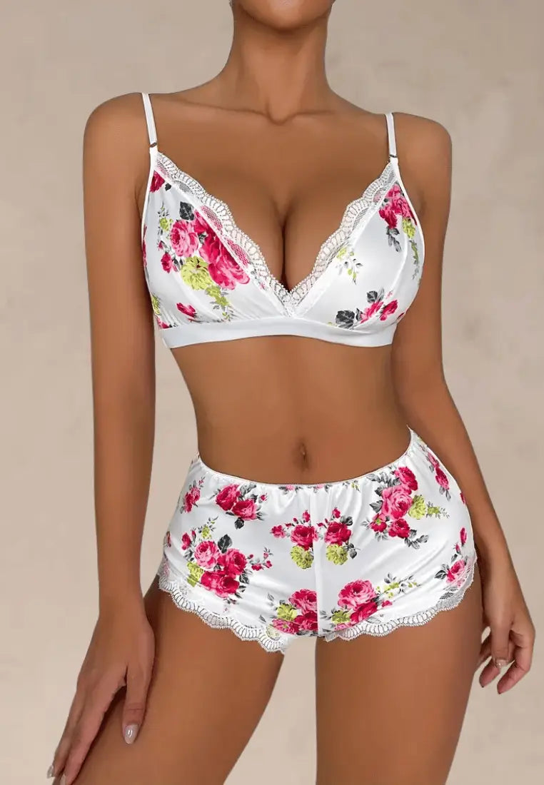 Biały komplet bielizny damski biustonosz i figi w kwiaty z koronką