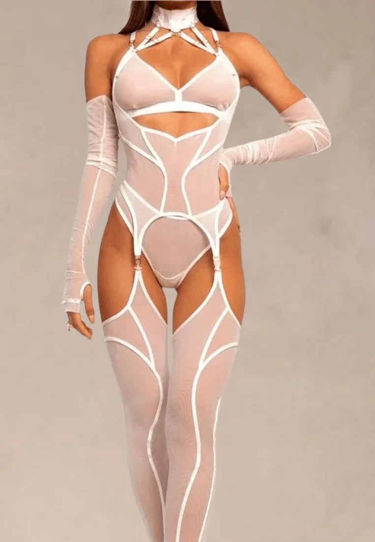 Biały zestaw bielizny damski z transparentnej siateczki z chokerem, paskami i rękawami