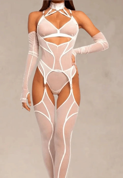 Biały zestaw bielizny damski z transparentnej siateczki z chokerem, paskami i rękawami