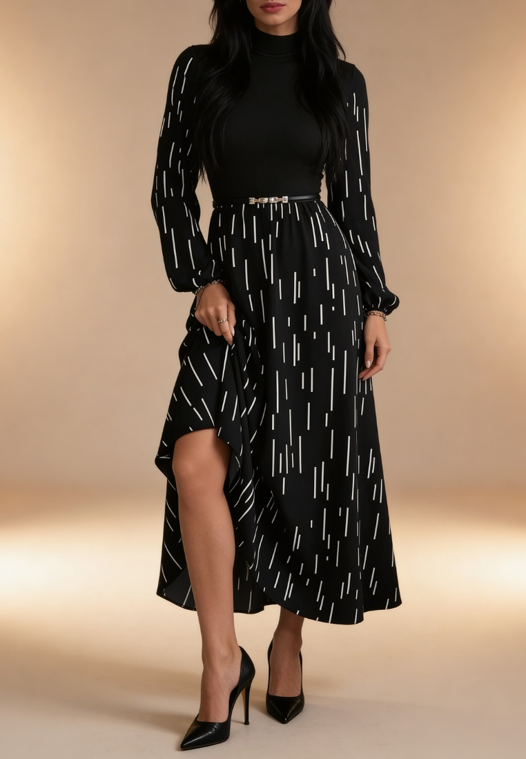 Czarna sukienka maxi z printem i stójką w elegancki fason