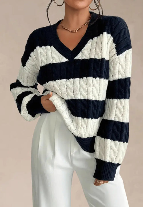 Granatowo-kremowy sweter damski w paski z dekoltem V