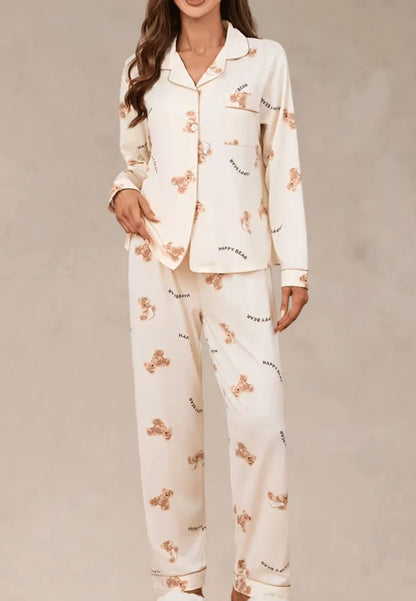 Kremowy komplet piżamowy damski z długim rękawem i spodniami w misie