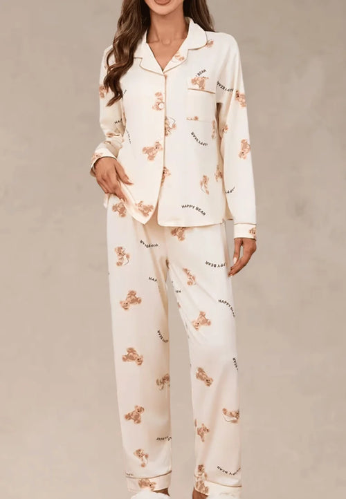 Kremowy komplet piżamowy damski z długim rękawem i spodniami w misie