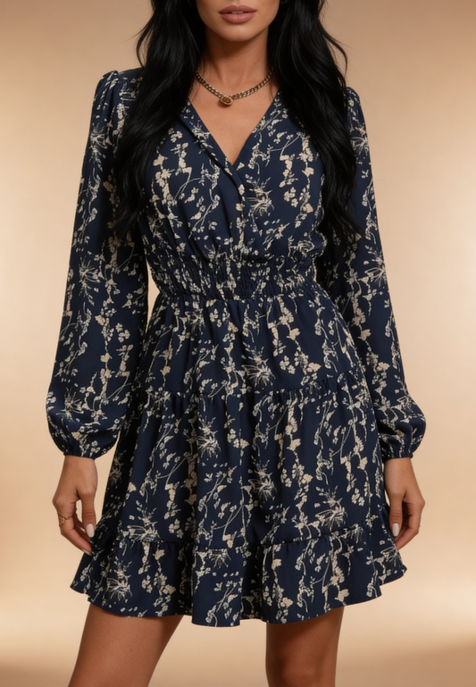 Granatowa sukienka z drobnym kwiatowym wzorem i falbaną