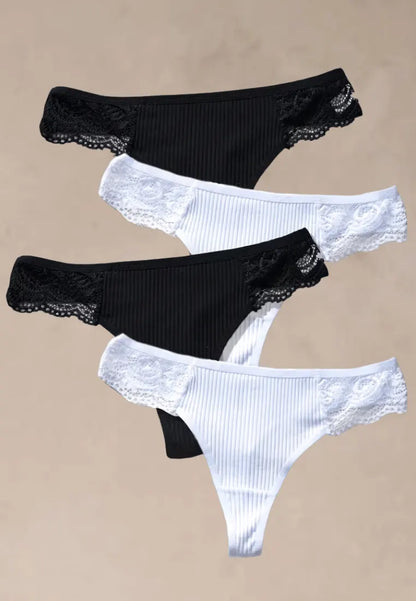 Zestaw 4 szt. stringi majtki damskie koronkowe bawełniane czarne i białe