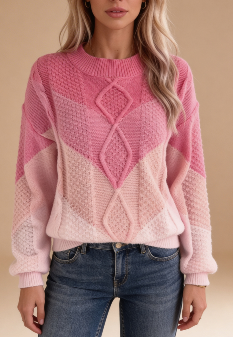 Różowy sweter damski z geometrycznym wzorem i okrągłym dekoltem