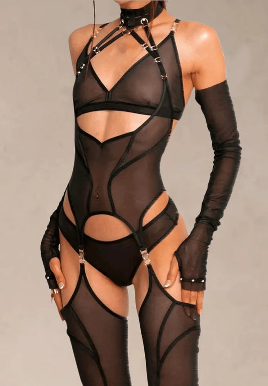 Czarny zestaw bielizny damski z transparentnej siateczki z chokerem, paskami i rękawami