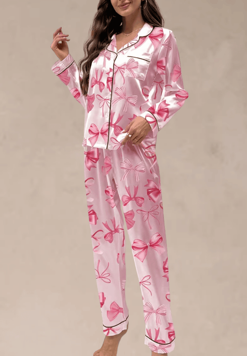 Różowy komplet piżamowy damski z długim rękawem i długimi spodniami w kokardki