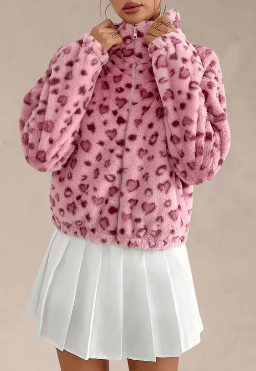 Różowa kurtka damska polarowa krótka w serduszka na zamek