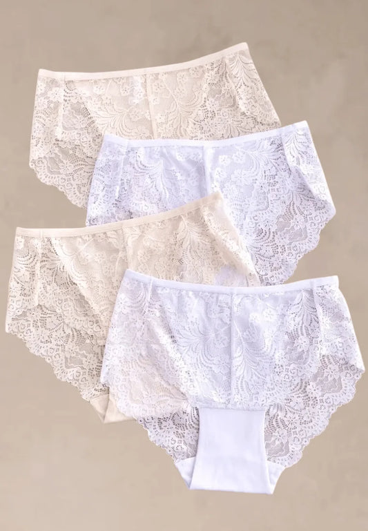 Zestaw 4 szt. figi majtki damskie koronkowe bawełniane w bieli i beżach