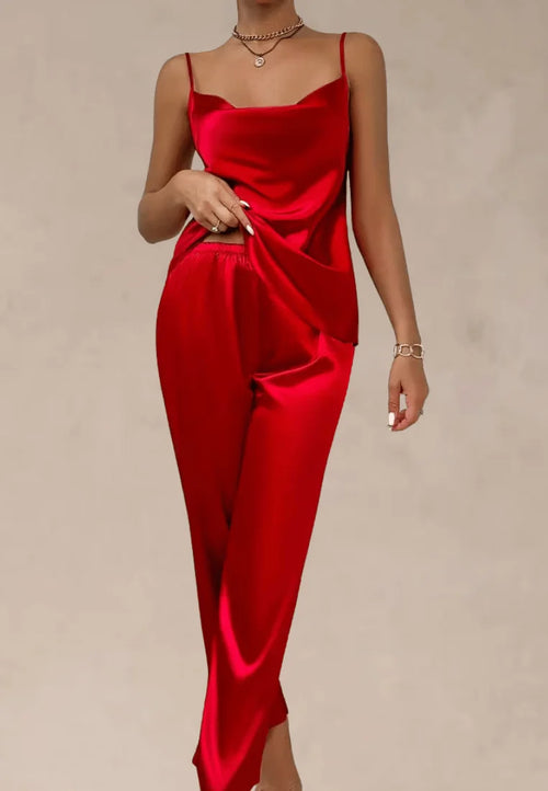 Czerwony komplet piżamowy damski satynowy na ramiączkach z długimi spodniami