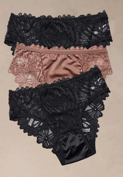 Zestaw 3 szt. figi majtki damskie koronkowe satynowe czarne i beżowe