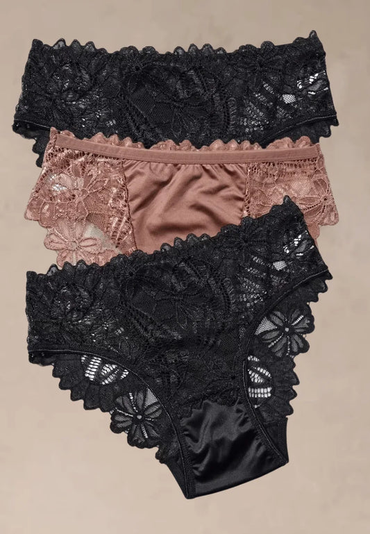 Zestaw 3 szt. figi majtki damskie koronkowe satynowe czarne i beżowe