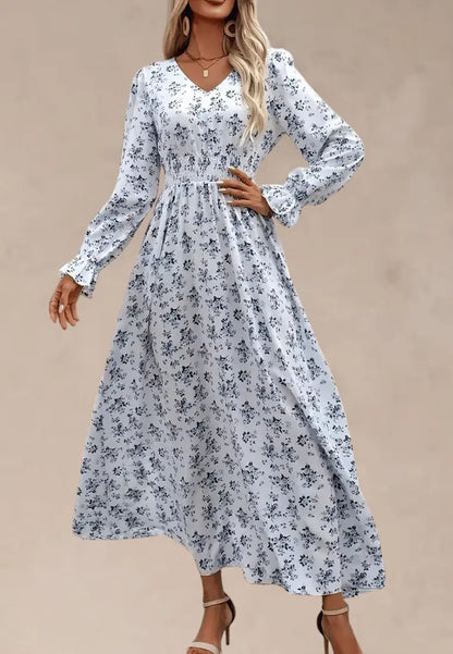 Błękitna sukienka maxi w kwiaty z gumką w talii i dekoltem V