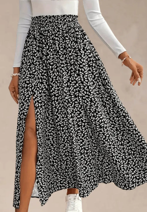 Czarna spódnica damska rozkloszowana maxi kwiatowy print wysoki stan