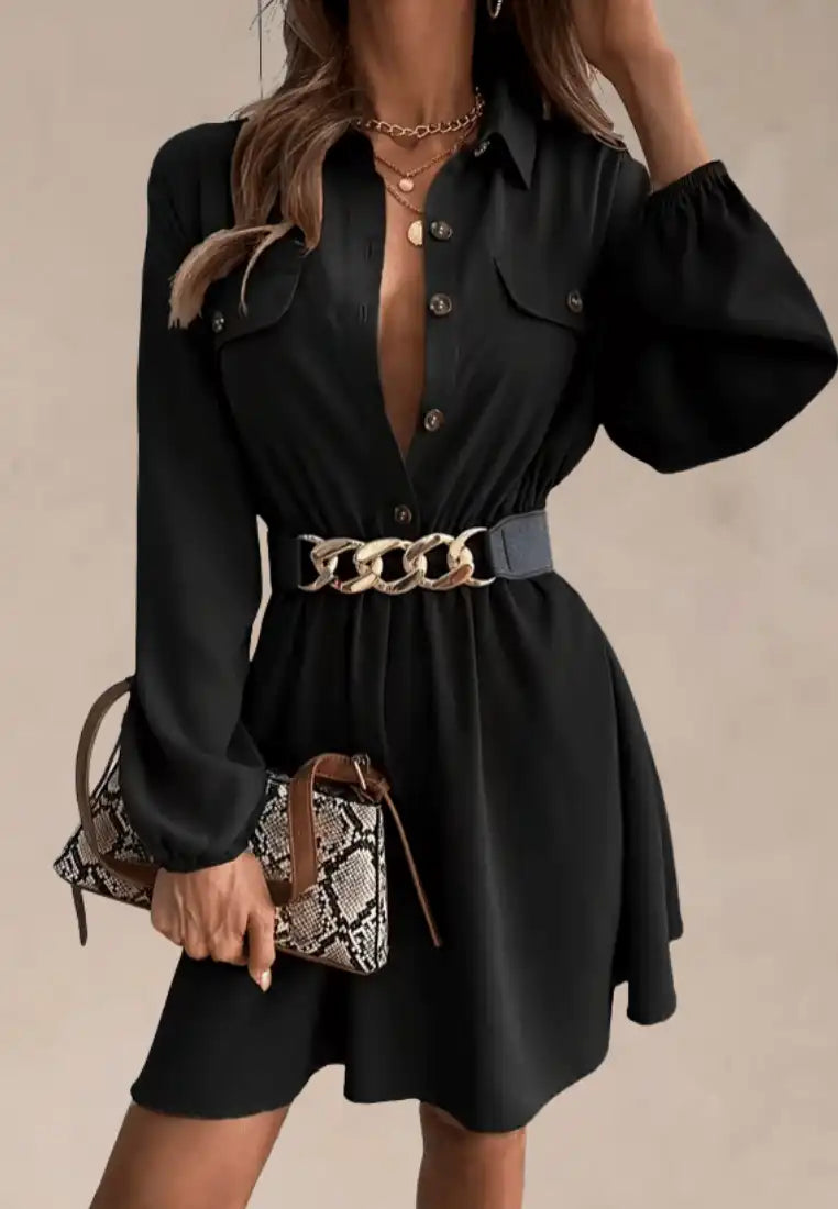 Czarna sukienka koszulowa z długim rękawem