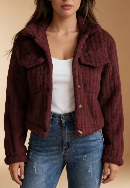 Bordowa kurtka damska polarowa oversize do pasa z guzikami