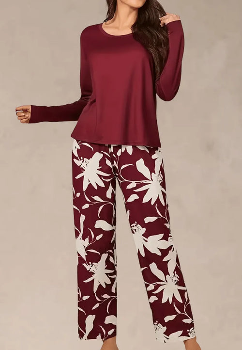 Bordowy komplet piżamowy damski z długim rękawem i długimi spodniami w kwiaty