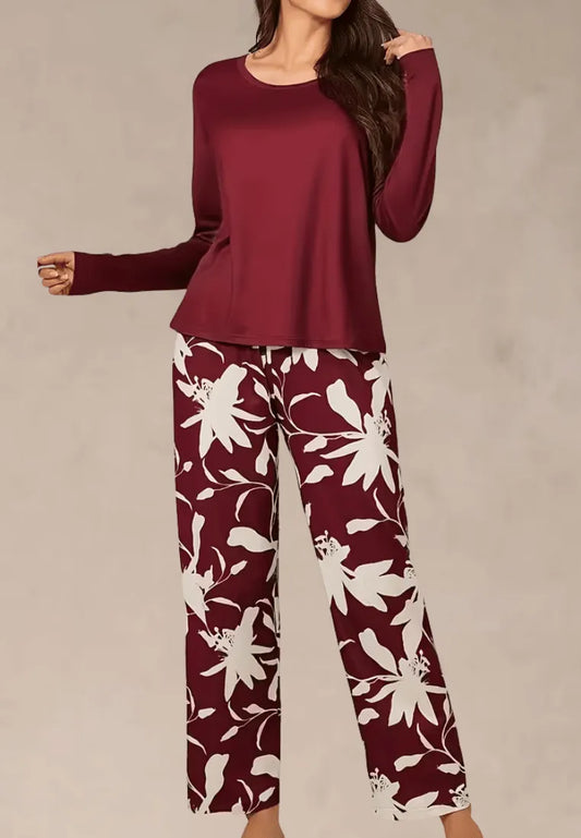 Bordowy komplet piżamowy damski z długim rękawem i długimi spodniami w kwiaty
