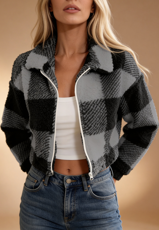 Szara kurtka damska polarowa krótka w kratę na zamek