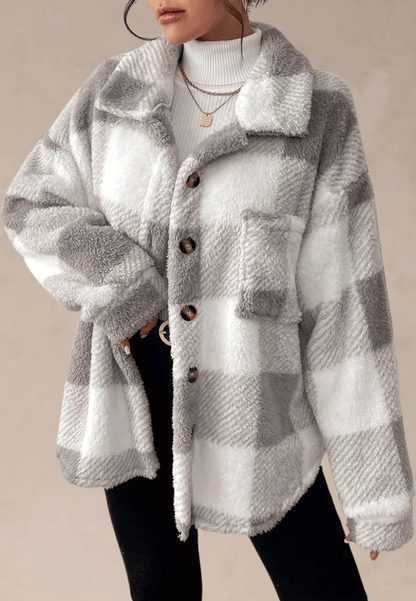 Szara kurtka damska polarowa oversize w kratę z guzikami