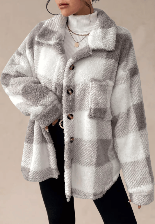 Szara kurtka damska polarowa oversize w kratę z guzikami