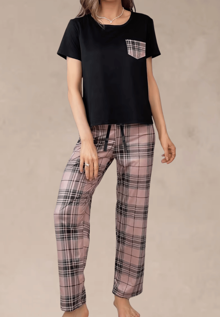 Komplet piżamowy damski z krótkim rękawem i długimi spodniami w różową kratę