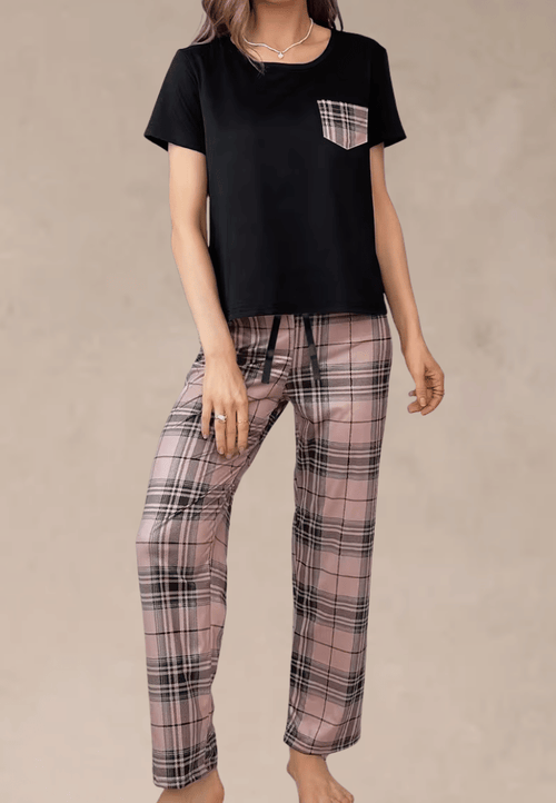 Komplet piżamowy damski z krótkim rękawem i długimi spodniami w różową kratę