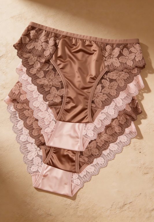 Zestaw 4 szt. figi majtki damskie koronkowe satynowe brązowe i pudrowe