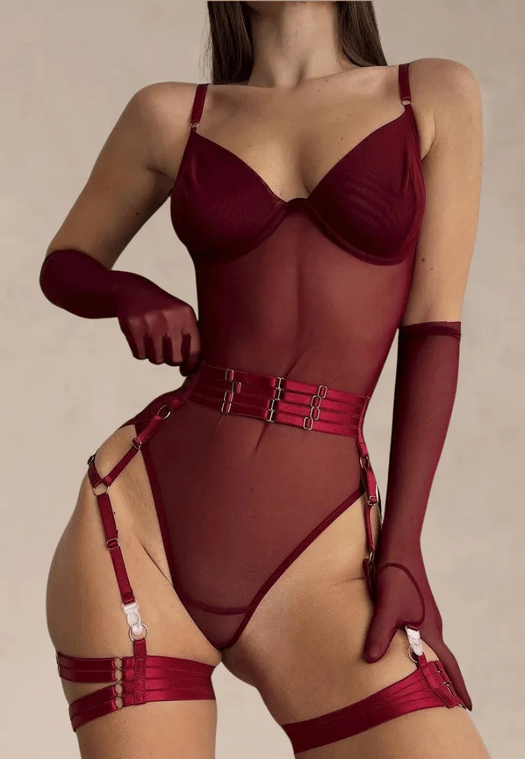 Bordowy zestaw bielizny damski z transparentnej siateczki z paskami i rękawiczkami