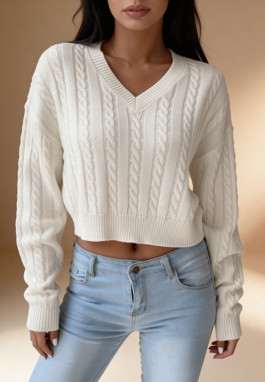 Kremowy sweter damski z dekoltem V i warkoczowym splotem