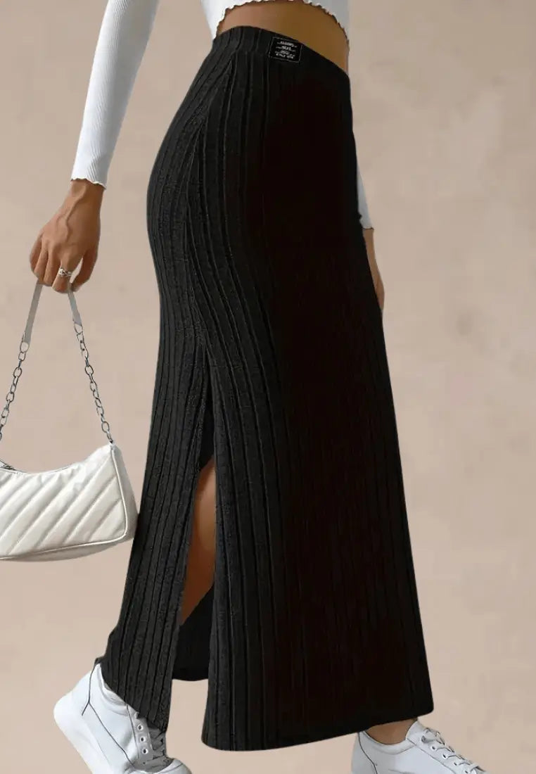 Czarna spódnica damska dopasowana maxi dzianina prążkowana wysoki stan