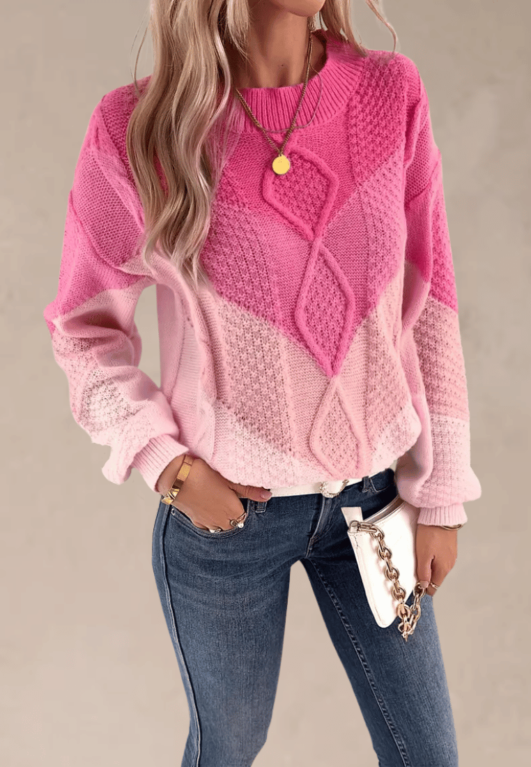 Różowy sweter damski z geometrycznym wzorem i okrągłym dekoltem