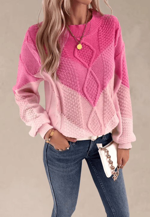 Różowy sweter damski z geometrycznym wzorem i okrągłym dekoltem