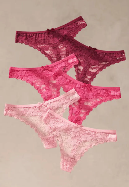 Zestaw 6 szt. stringi majtki damskie koronkowe bawełniane różowe i bordowe