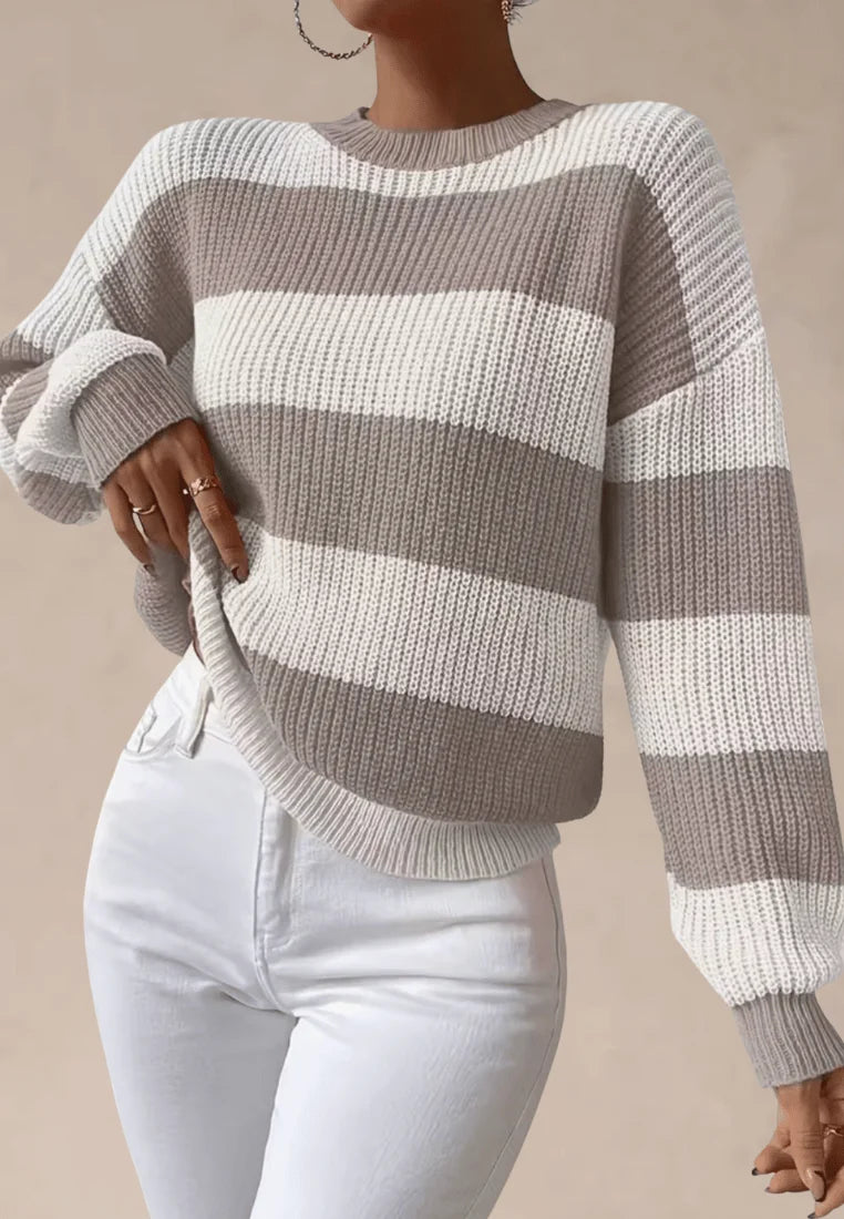 Kremowo-brązowy sweter damski w szerokie pasy