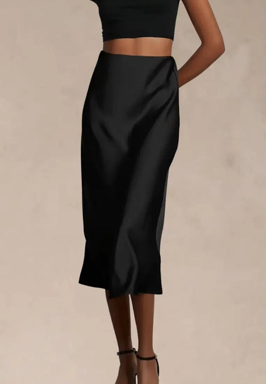 Czarna spódnica damska ołówkowa midi satyna wysoki stan elegancka