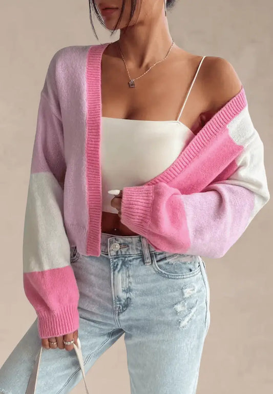 Różowy kardigan damski krótki fason miękka dzianina bez zapięcia