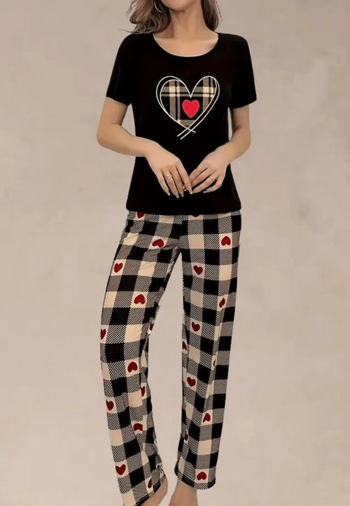 Komplet piżamowy damski z krótkim rękawem i długimi spodniami w kratę i czerwone serca