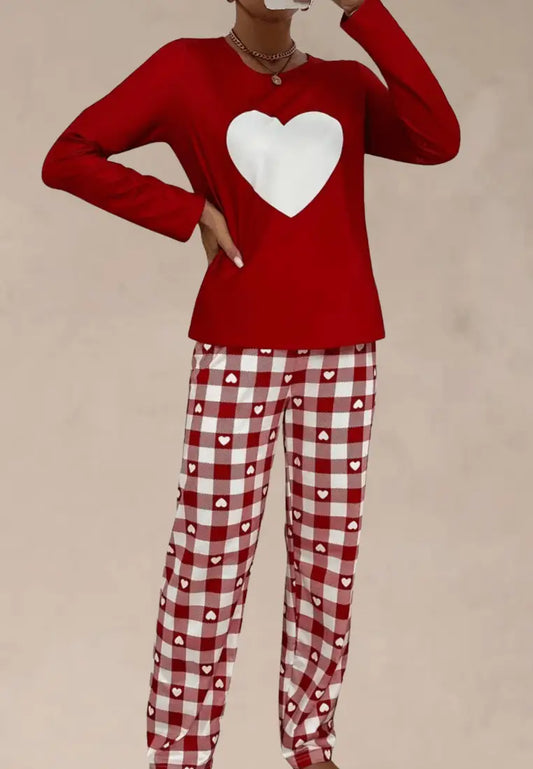 Czerwony komplet piżamowy damski z długim rękawem i długimi spodniami w kratę
