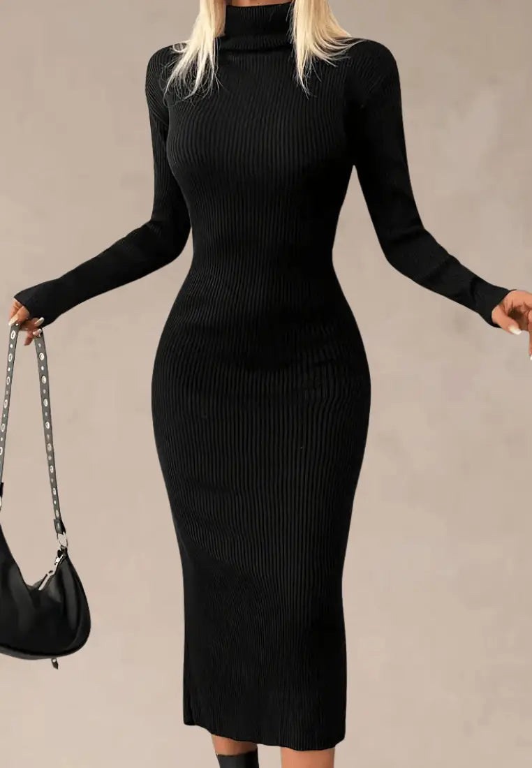 Czarna sukienka dzianinowa midi z golfem i długim rękawem