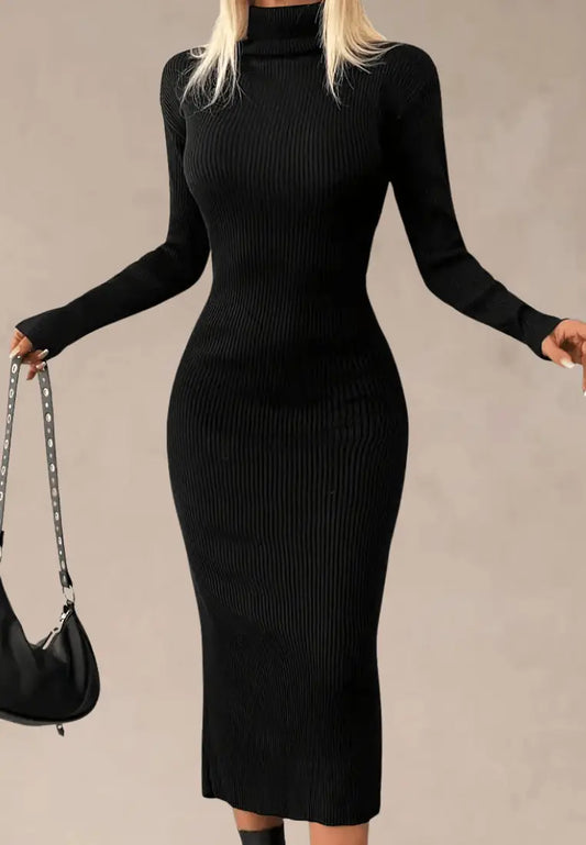 Czarna sukienka dzianinowa midi z golfem i długim rękawem