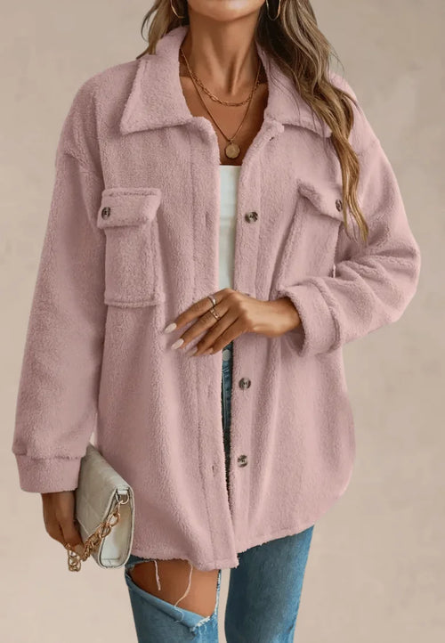 Kurtka koszulowa różowa z miękkiego futerka zapinana na guziki