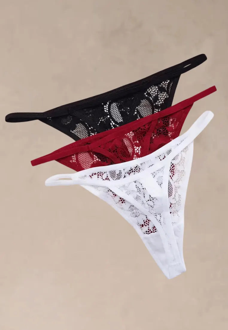 Zestaw 3 szt. stringi majtki damskie koronkowe bawełniane czarne, czerwone i białe